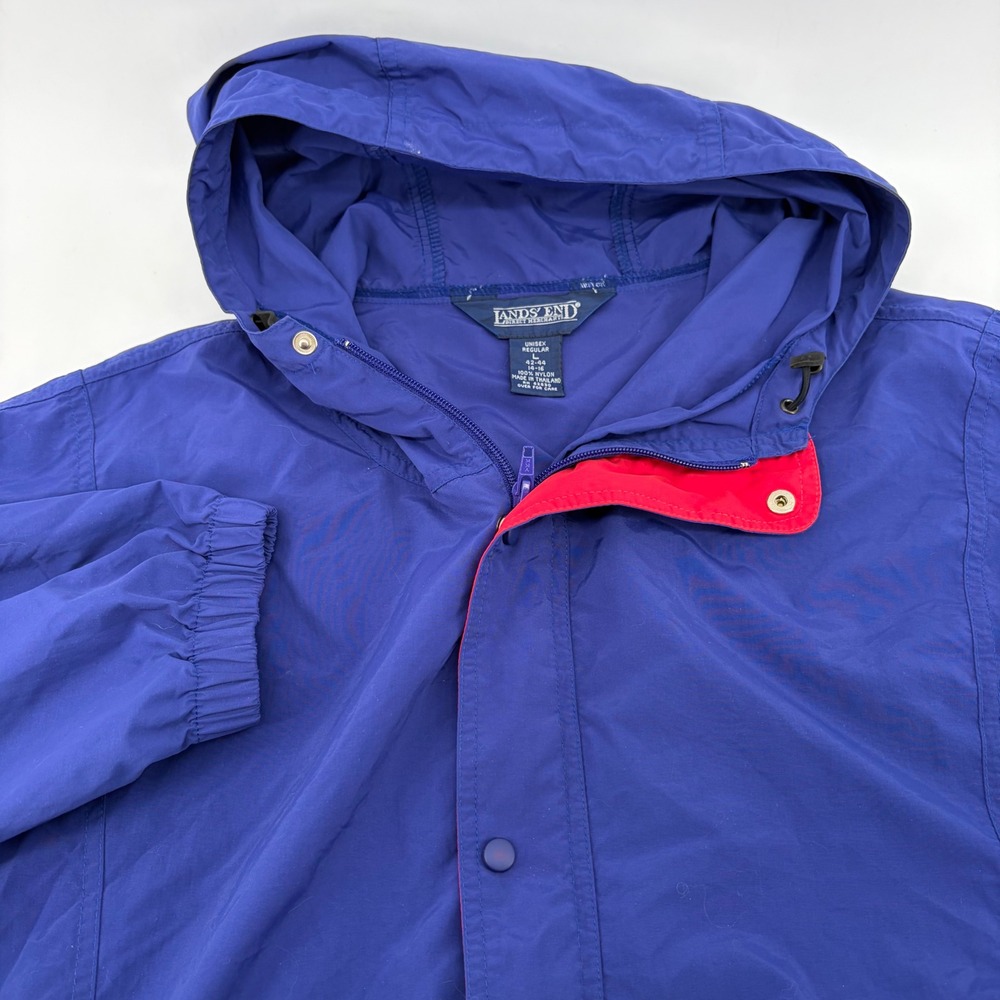 Lands End Mens Vintage Anorak Windbreaker Jacket Blue Red Hooded Pullover Large